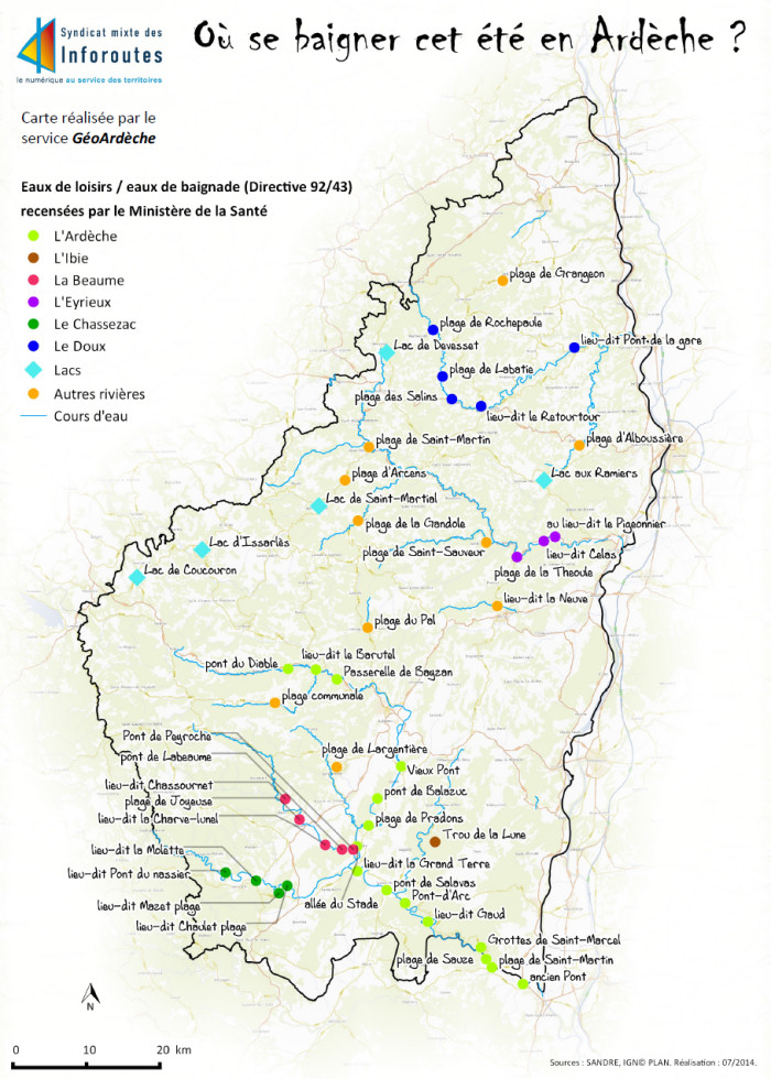 Aperçu de la carte des lieux de baignade en Ardèche